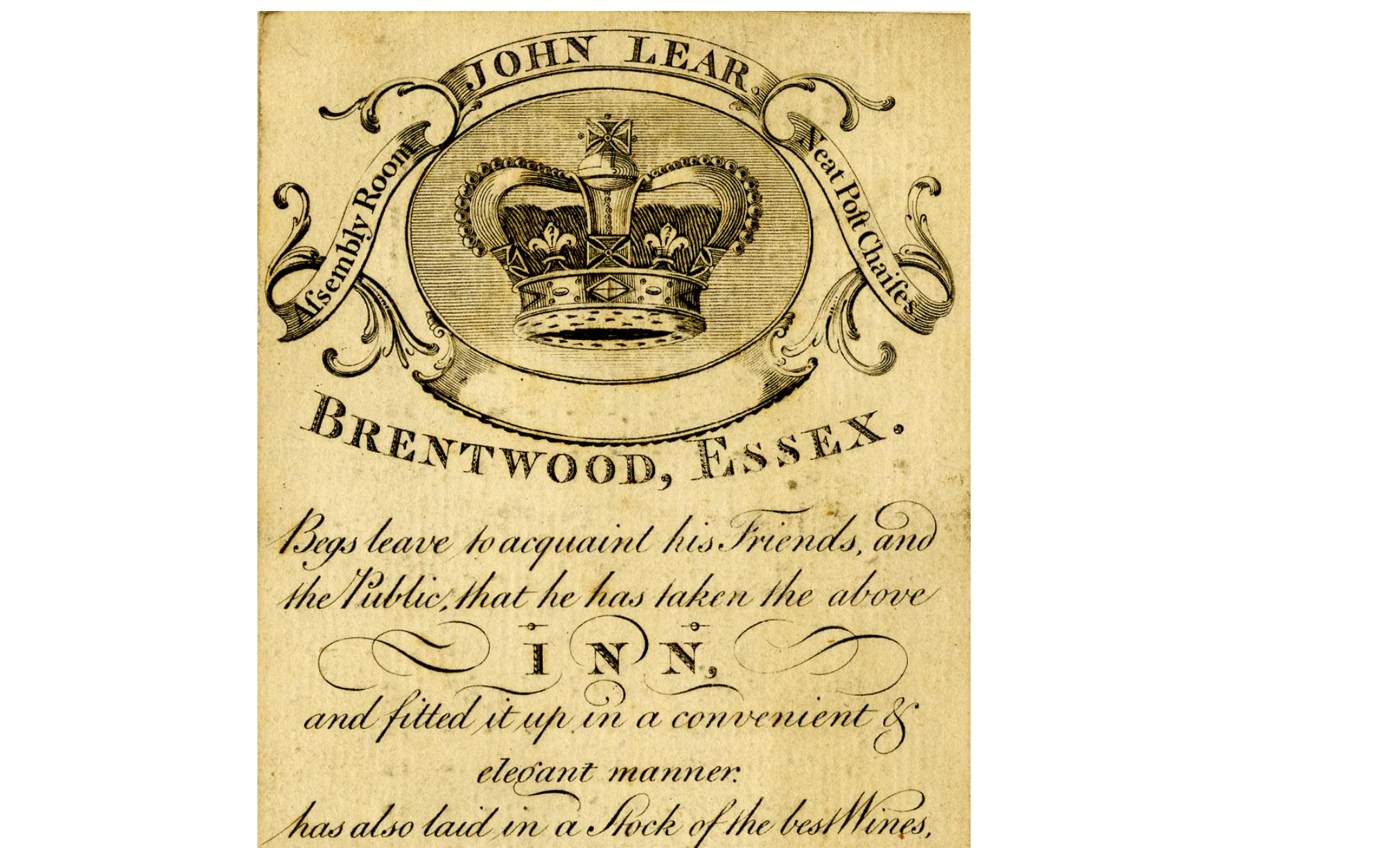 A trade card for the Crown Inn, Brentwood