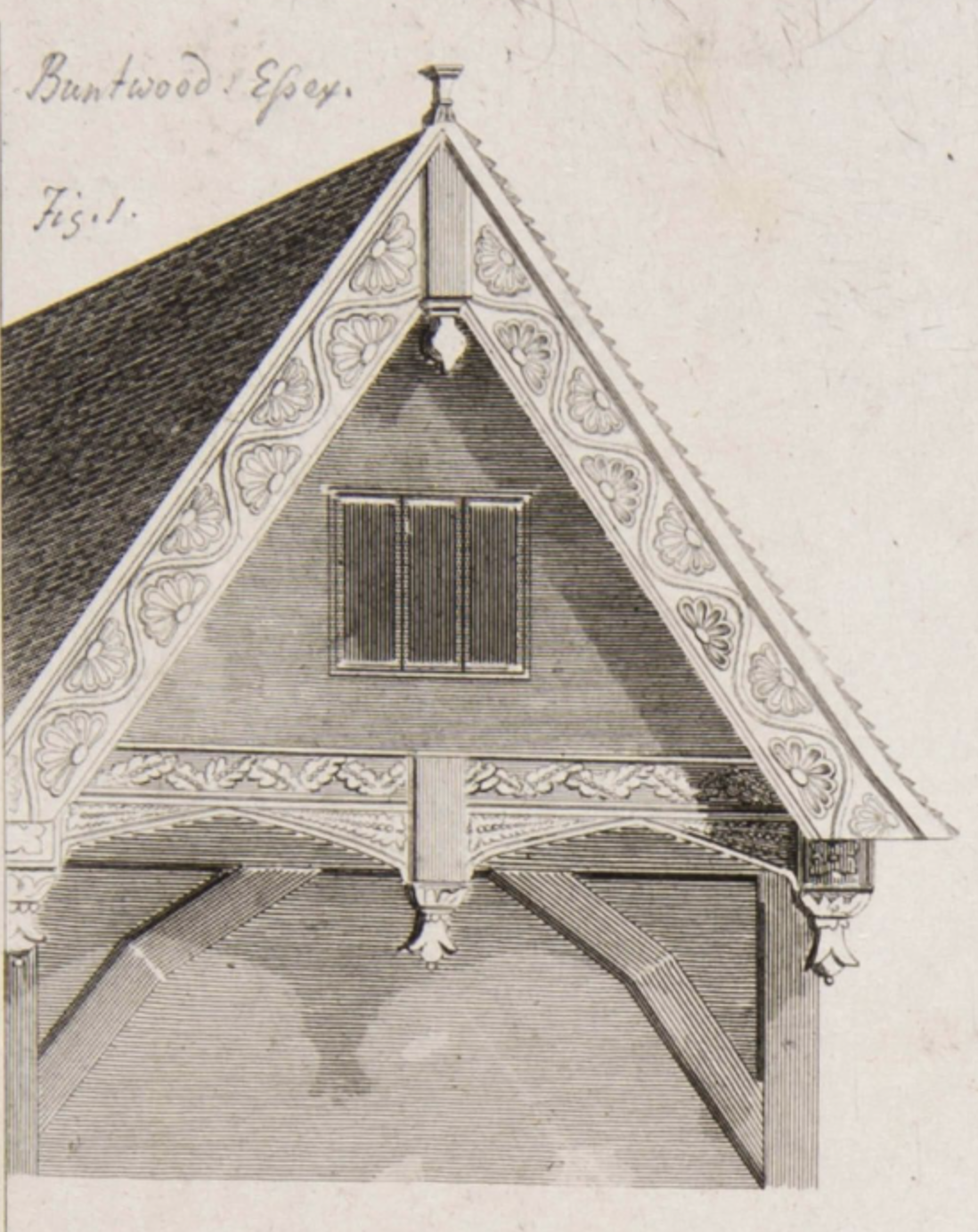 A drawing of a gable in Brentwood, presumably from the Assize House. Possibly these are the missing gable decorations in on the right of the first image.