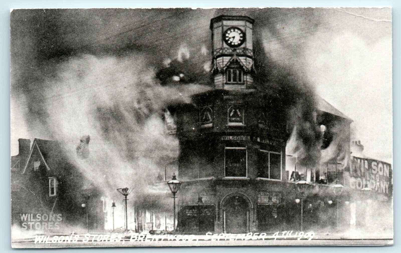 A photograph of the fire destroying the first encarnation of Wilson's Store